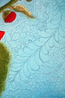 Barbara Harms Fiber Art a fiber art quilt with thread painted hollyhocks