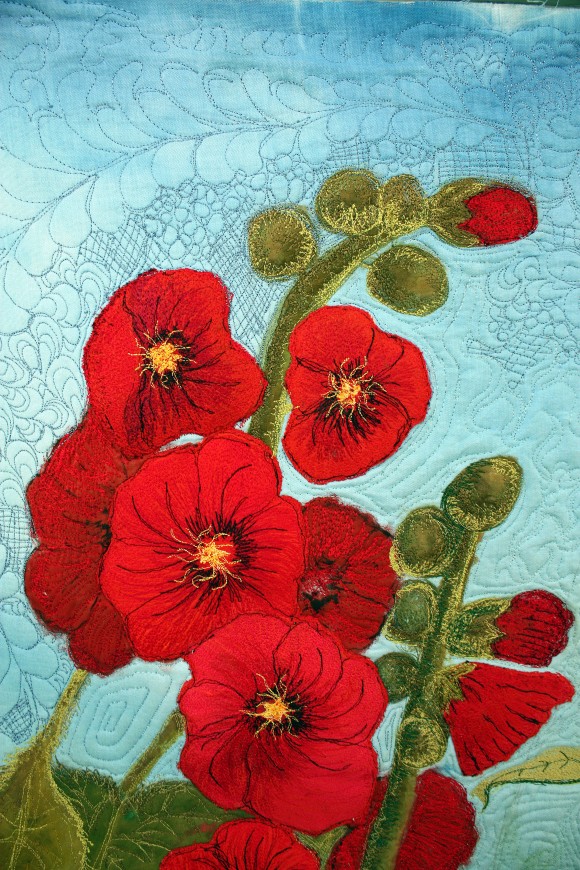 Barbara Harms Fiber Art finished red hollyhock quilt top